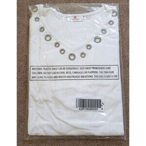 Quacker Factory Women's Long Sleeves Shirt Jeweled White V-Neck Pockets Size 2X